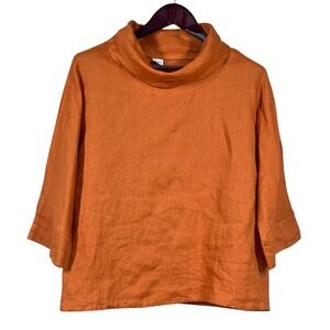Lintico Tristan Top Womens S Orange 100% Linen Dropped Collar Long-Sleeve